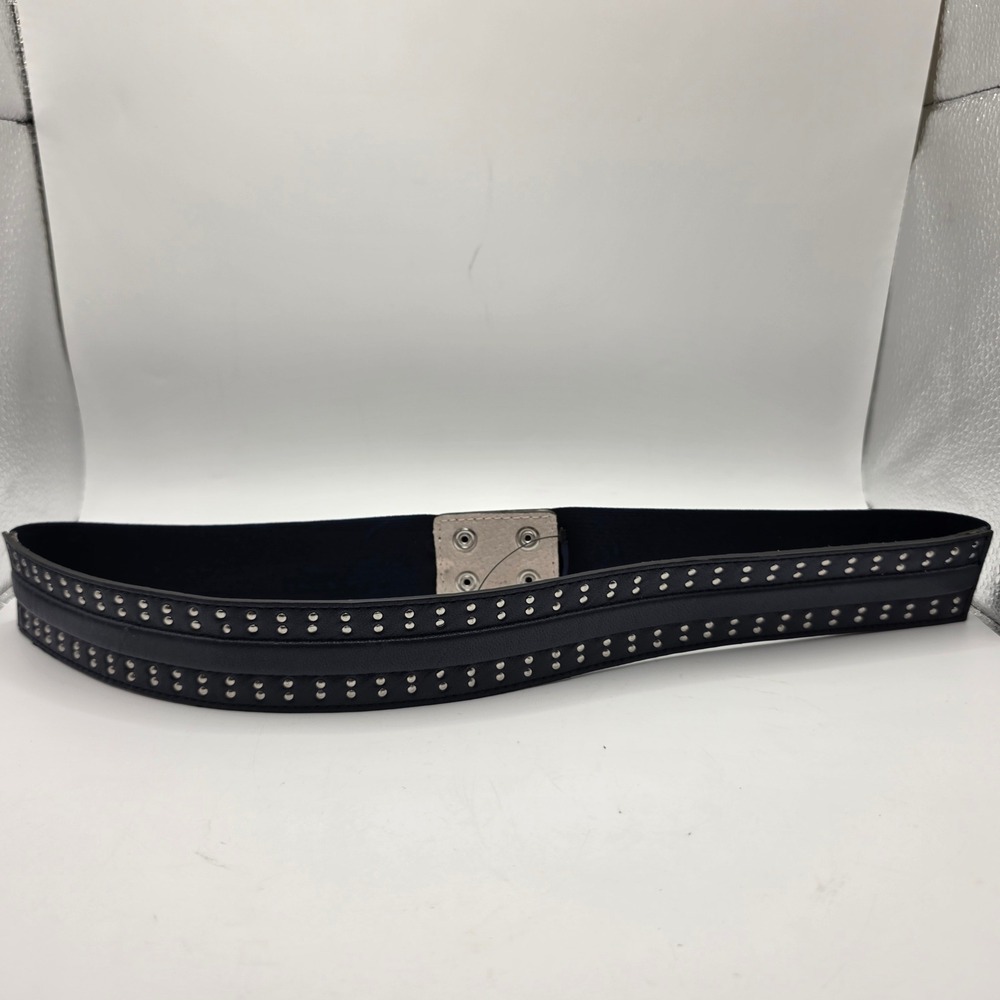 White House Black Market Navy Blue Studded Leather Elastic Waist Belt Size M NEW